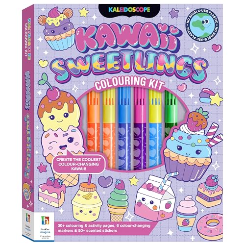 Kawaii sweets colouring kit with markers and stickers, pastel colours.