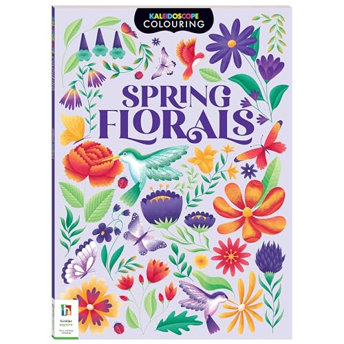 Colouring book cover with vibrant illustrations of spring flowers and birds.