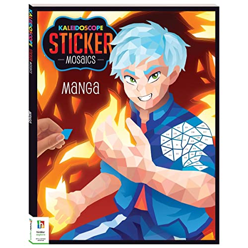 Manga-style illustration with geometric shapes, sticker mosaic activity book cover.