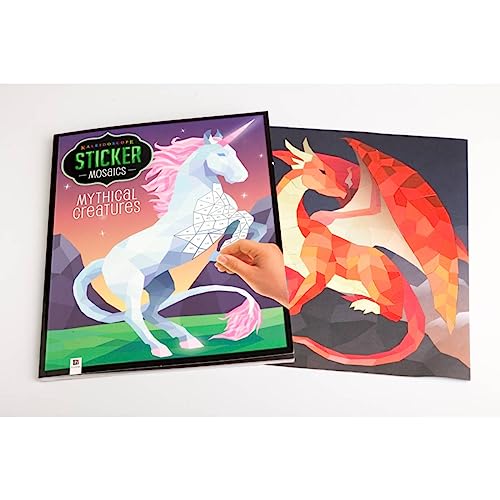 Sticker book cover featuring a unicorn and dragon mosaic designs.
