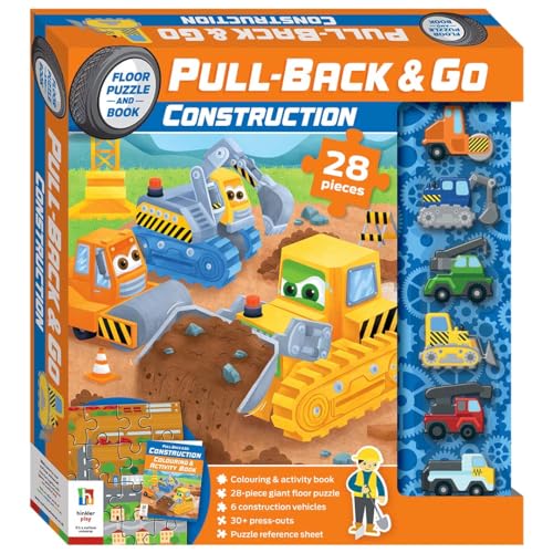 Box of "Pull-Back & Go Construction" toy vehicles and puzzle pieces.