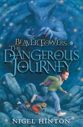 Book cover: boy running from a large, shadowy creature with beavers.