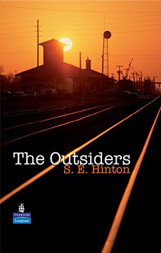 Book cover for "The Outsiders" with a sunset and railroad tracks.