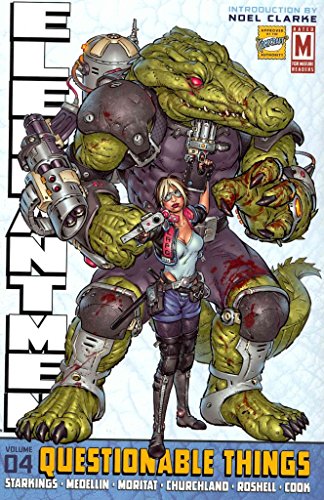 A large, armed crocodile-human hybrid stands behind a woman holding a handgun.