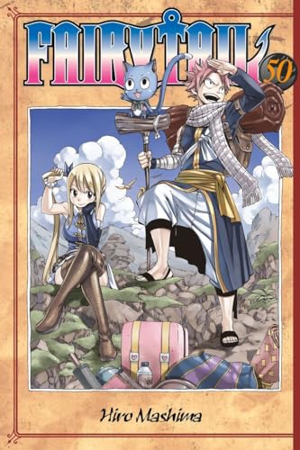 Fairy Tail volume 50 cover featuring Natsu, Lucy, and Happy amongst clouds.
