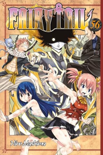 Fairy Tail volume 56 cover with multiple anime characters and a clock.