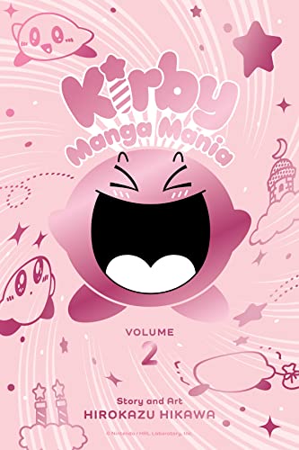 Kirby Manga Mania Volume 2 book cover featuring a large, laughing pink Kirby.