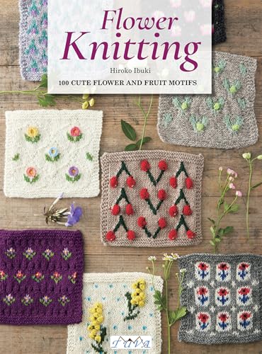 Book cover showing various knitted squares with colorful flower and fruit motifs on wood.
