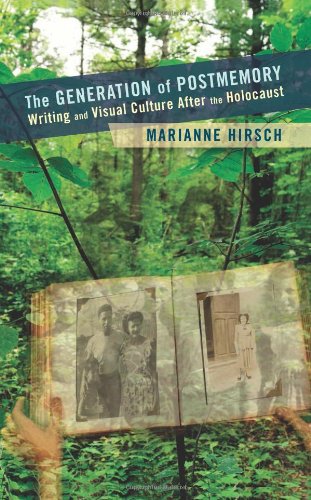 Book cover featuring a forest scene and vintage photographs within open pages.