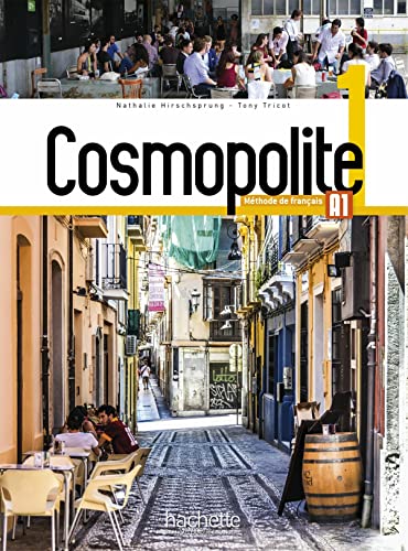 Textbook cover titled Cosmopolite 1 featuring a street scene with outdoor cafe seating.