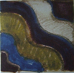 Abstract painting of swirling blue, yellow, and white shapes.