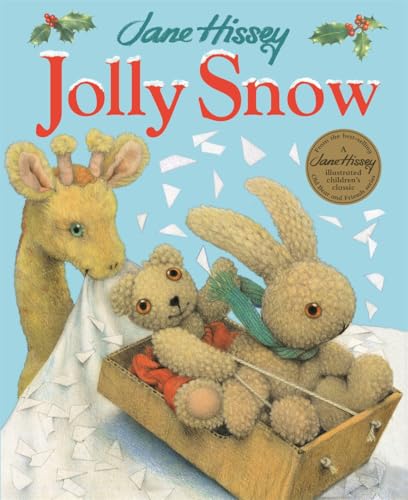 Giraffe, bear, and rabbit toys in a wooden crate with falling snow.