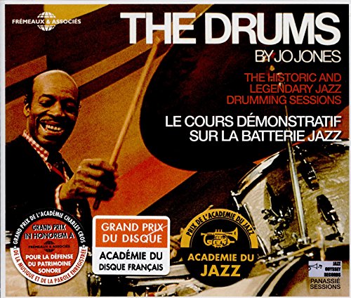 CD cover featuring jazz drummer Jo Jones, drum kit, and award seals.