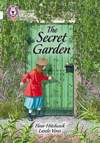 Book cover: girl in red at a weathered green garden door.