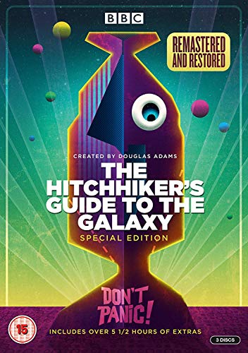 DVD cover for The Hitchhiker's Guide to the Galaxy featuring a stylized graphic illustration.
