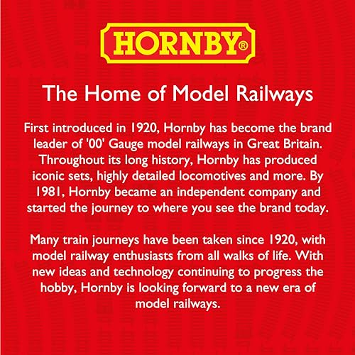 Hornby logo and text on a red background, detailing company history.