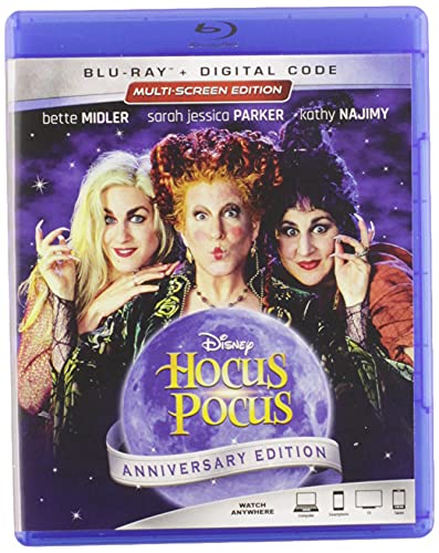 Hocus Pocus Blu-ray cover featuring Bette Midler, Sarah Jessica Parker, and Kathy Najimy.