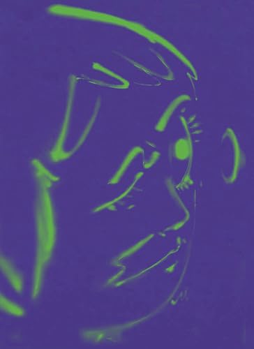 Green line drawing of a face in profile against a purple background.