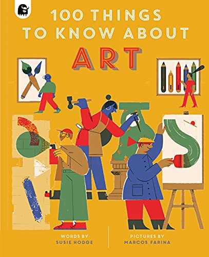 Yellow book cover with illustrated figures painting and art supplies.