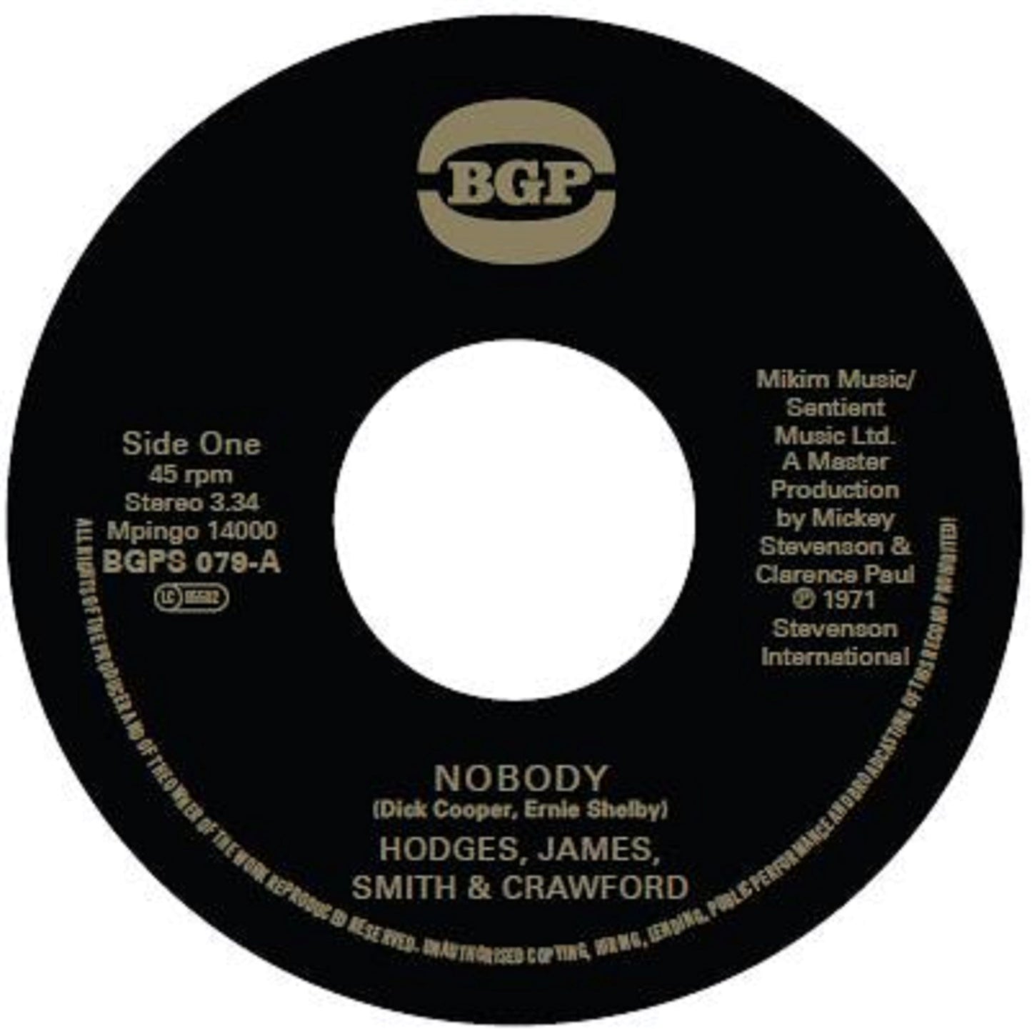 Black vinyl record label with gold text: "Nobody" by Hodges, James, Smith & Crawford.