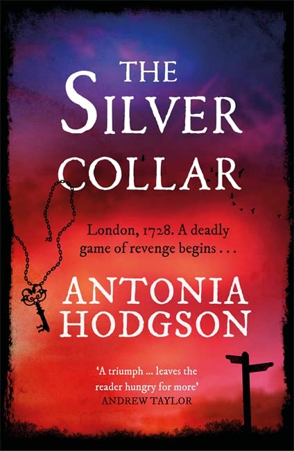 Book cover: "The Silver Collar" with keys, a gallows, and stormy sky.
