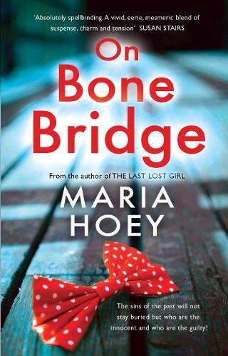 Book cover: “On Bone Bridge” by Maria Hoey, with a red bow tie.