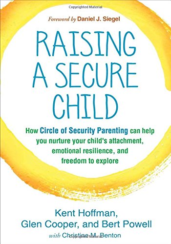 Book cover: "Raising a Secure Child" with yellow watercolor accents.