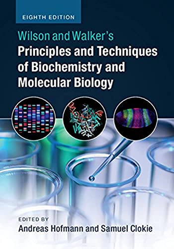 Biochemistry textbook cover with molecular visualizations and lab glassware.