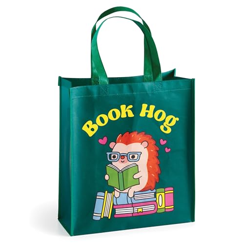 Green reusable shopping bag with a cartoon hedgehog reading a book.