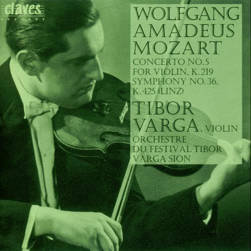 CD cover featuring violinist Tibor Varga and text for Mozart’s concerto.