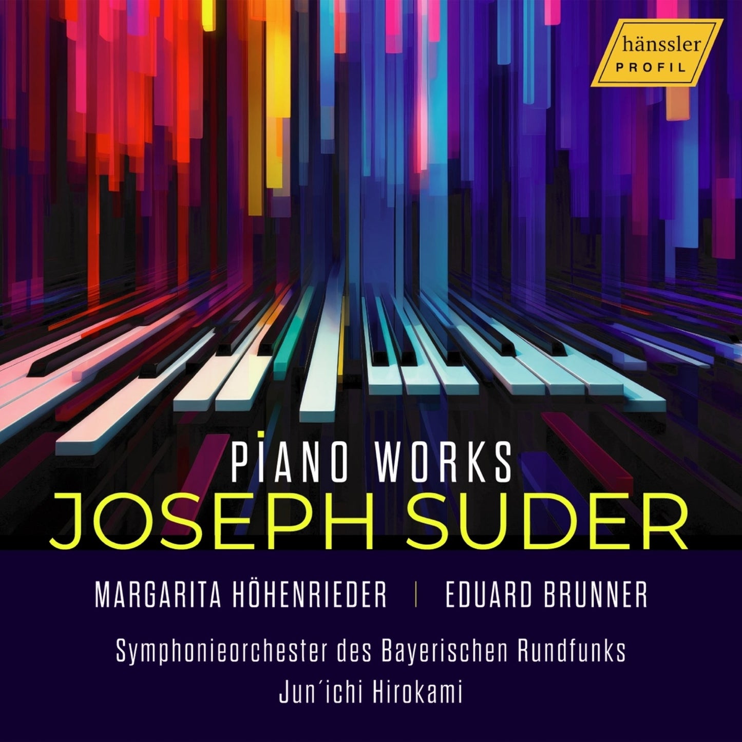 CD cover with colorful abstract piano keys and text: “Piano Works”.