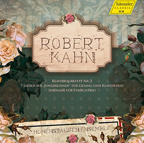 CD cover for Robert Kahnâs piano quartet and serenade, with floral decoration.