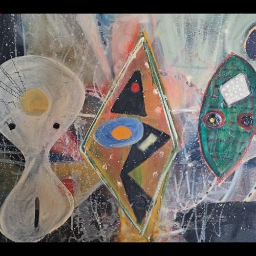 Abstract painting with geometric shapes in blue, red, and gold tones.