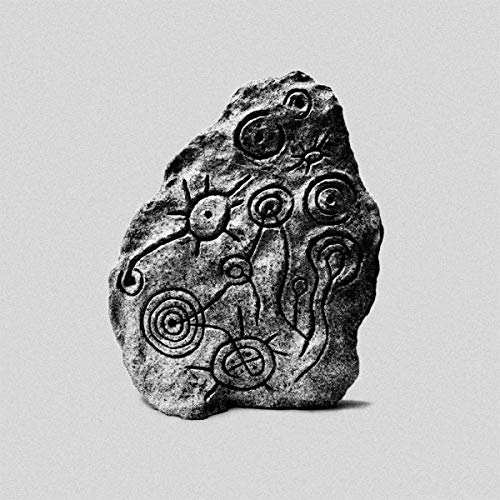 Black and white image of a stone with circular and linear carvings.