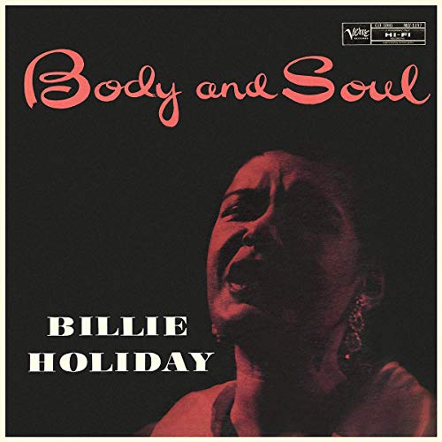 Billie Holiday’s “Body and Soul” vinyl record cover, portrait in red tones.