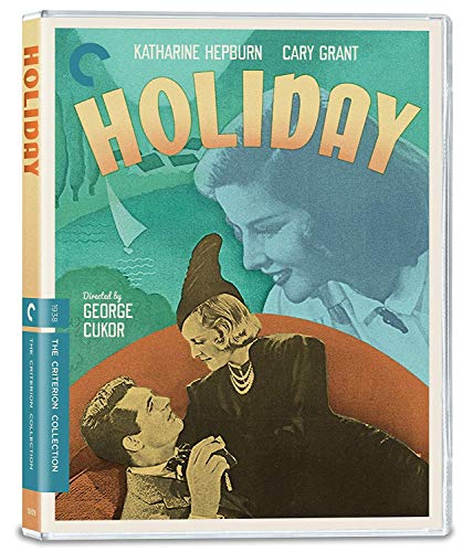 Blu-ray cover for the classic film *Holiday* featuring Katharine Hepburn and Cary Grant.