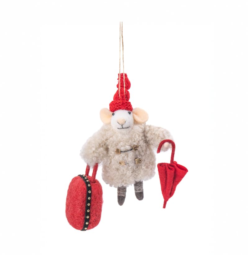 Felt mouse ornament in a coat and red hat holding a suitcase and umbrella.
