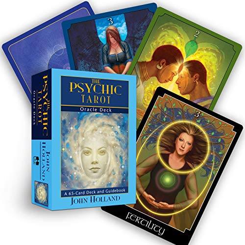 Psychic Tarot Oracle Deck box and several illustrated cards with figures.