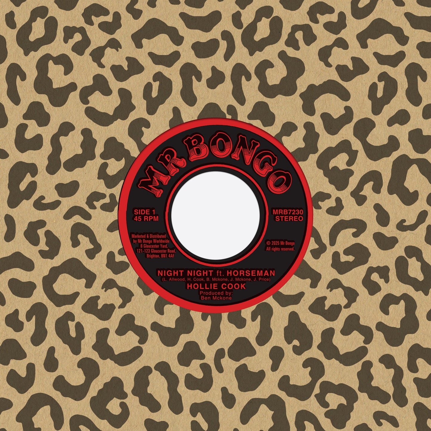 Red vinyl record label with black and white leopard print background.
