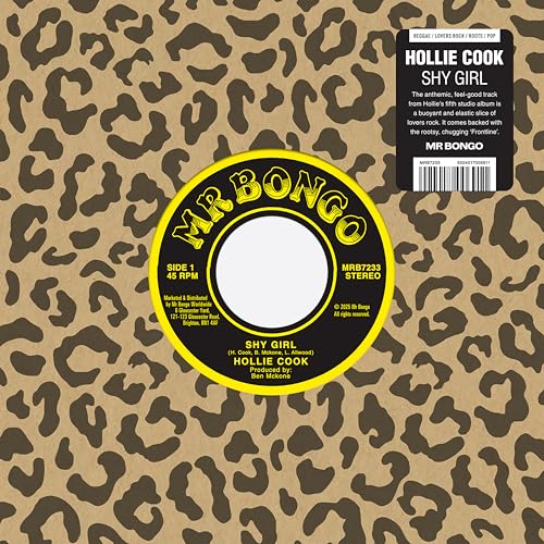 Yellow vinyl record label with black text on leopard print background.