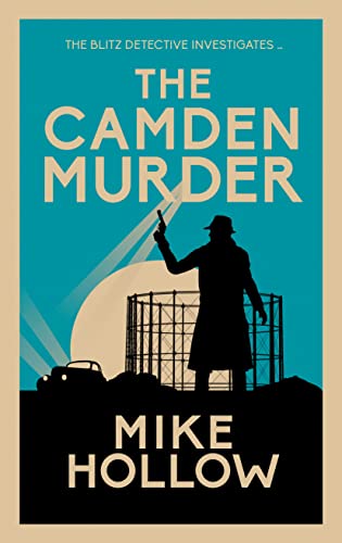Book cover: detective silhouette, gun, and wartime street scene in teal and gold.