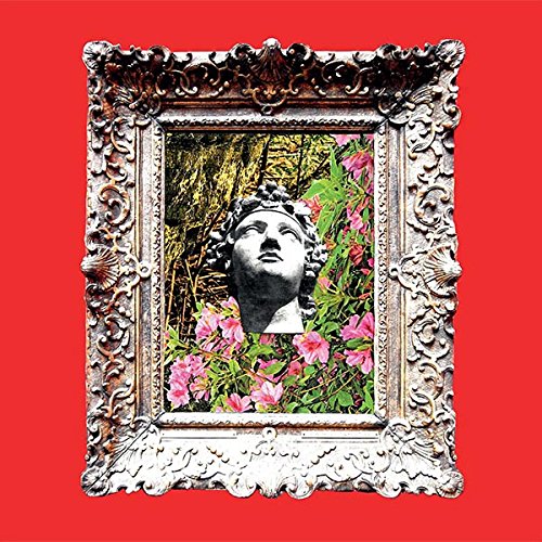 Ornate frame surrounds a bust amidst pink flowers and foliage.