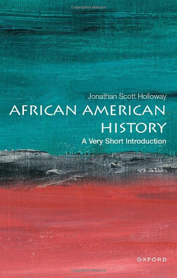 Book cover with abstract teal, grey, and red layers, titled African American History.