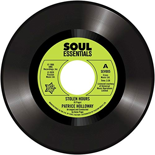 Black vinyl record with a green label, titled "Stolen Hours" by Patrice Holloway.
