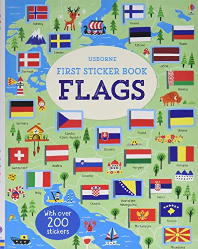 Children’s sticker book cover featuring illustrated flags and national symbols.