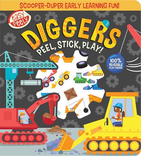 Construction vehicles and workers on a gray background with peel-and-stick elements.