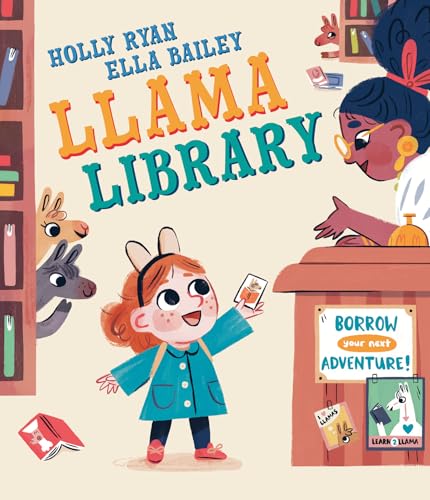 Children’s book cover: “Llama Library” with girl, llama, and library scene.