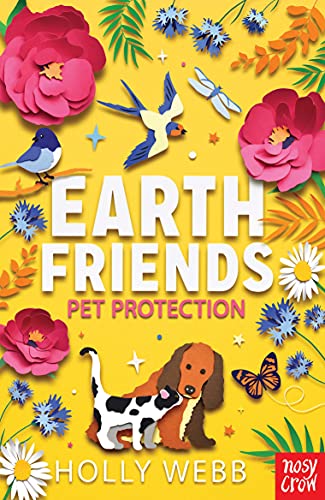 Book cover with flowers, birds, a butterfly, and a dog with a cat.