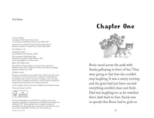 Book page showing a sketched kitten running with a dog in a park.