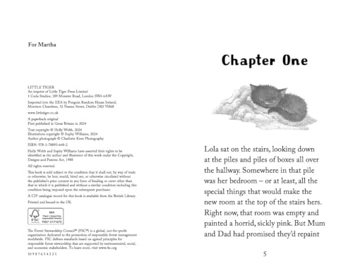 Book page showing Chapter One, text about moving house, and a drawing of a kitten.